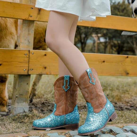 Kids Blue Sequins Boots Glitter Toddler Little Big Mid Western Riding Shoes - Picture 2 of 7